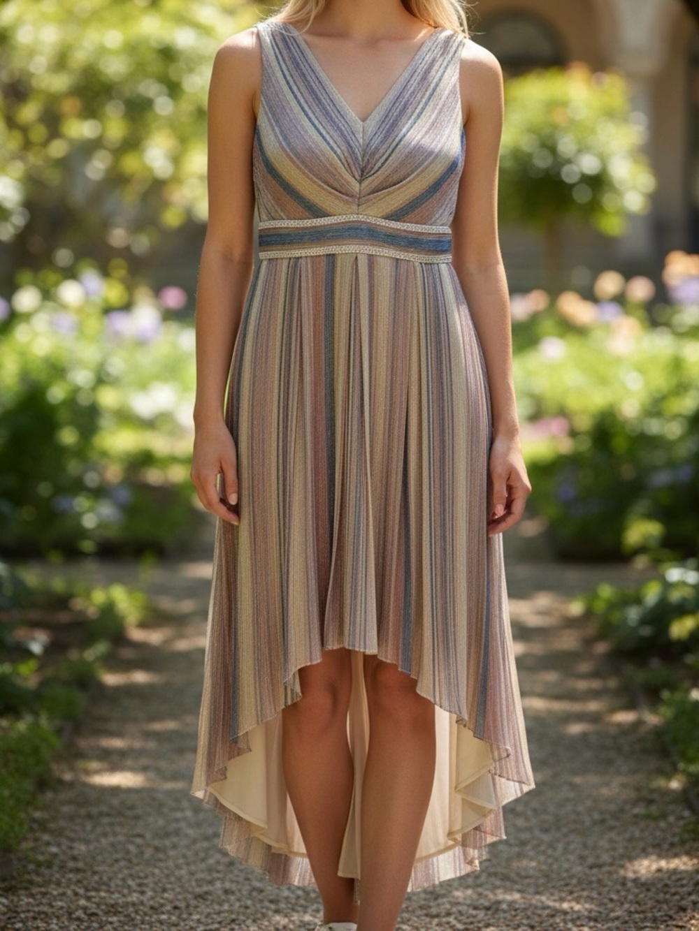 R & M Richards Pink Multi-Stripe V-Neck High-Low Dress
